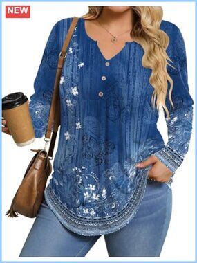 Womens Plus Size Long Sleeve V Neck Tunic Top Pleated Button Up Blouse
